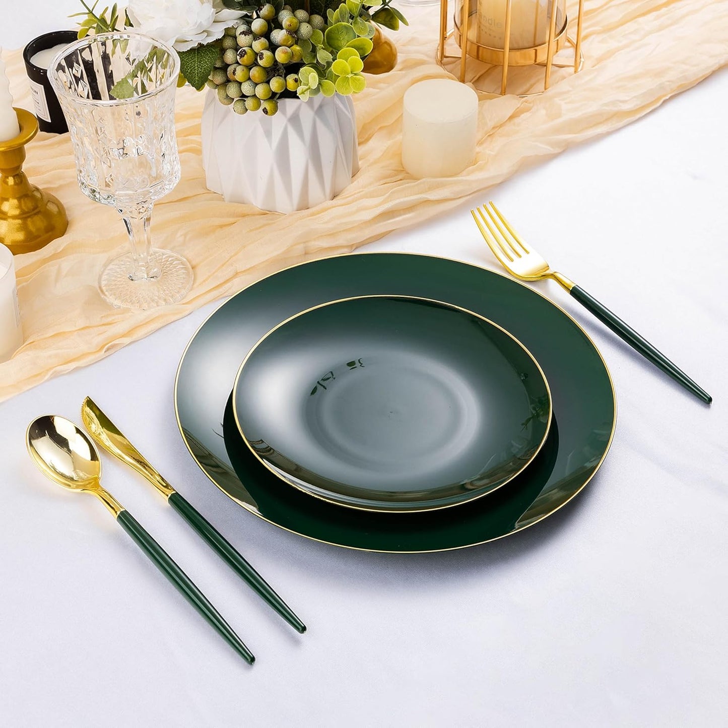150 PCS Green Gold Plastic Utensils for 50 Guests, Gold Disposable Silverware with 50 Knives, 50 Spoons and 50 Forks, BPA Free, Ideal for Weddings, Birthdays & Graduation