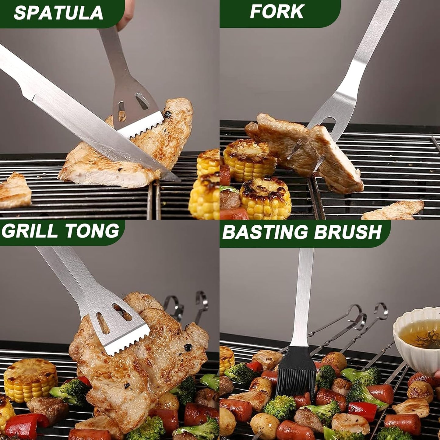 Grill Tools for Outdoor Grill - 7PCS BBQ Tools Grill Utensils with Grill Tong, Fork, Spatula, Basting Brush, Grill Cleaning Brush, Sharp Steak Knife, BBQ Tool Set Grilling Tool Kit