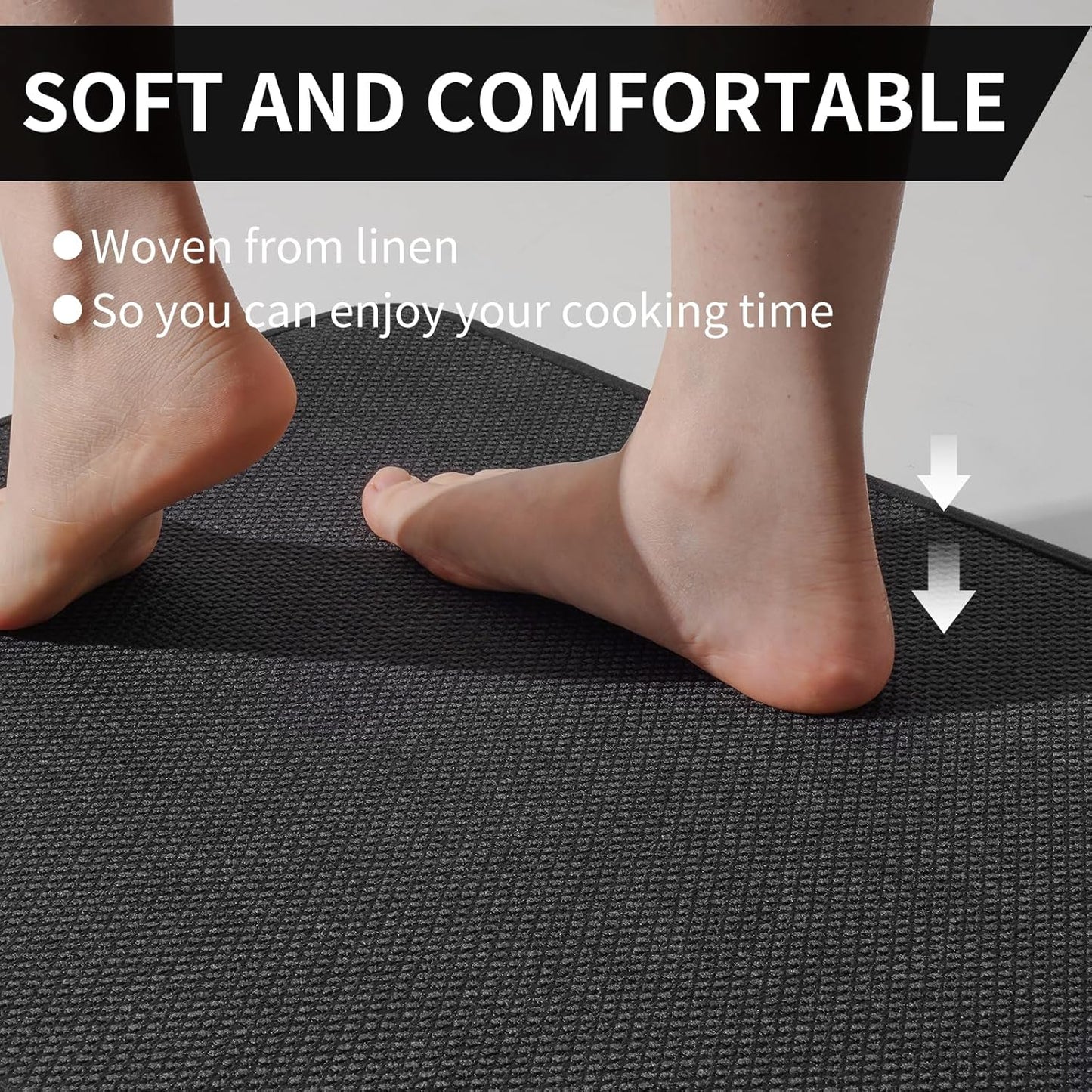 Kitchen Mats for Floor, Super Absorbent Kitchen Rugs Non Slip Washable, Soft Imitation Linen Braided Kitchen Runner Rug, Standing Mat Kitchens Sink Mat, Easy to Clean, Black 17x59