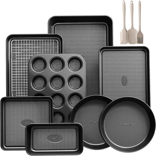 12-Piece Nonstick Bakeware Set, Stackable Non Toxic Baking Pans Set with Rack & Kitchen Utensils, Cookie Sheets Set, Cake Pan, Muffin Pan, Loaf Pan, Roasting Pan, Black