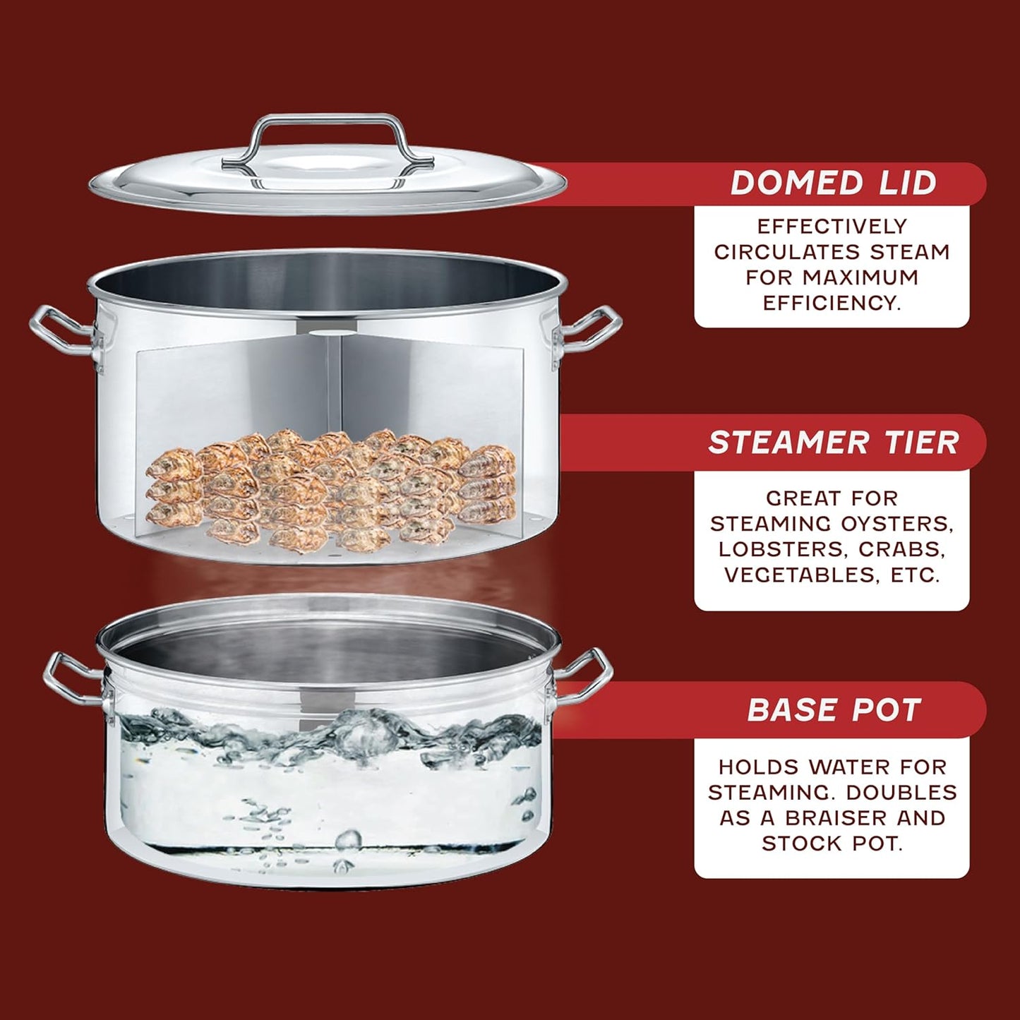 CONCORD Extra Large Outdoor Stainless Steel Stock Pot Steamer and Braiser Combo. Great for steaming oysters, crab, crawfish and more (24 QT)