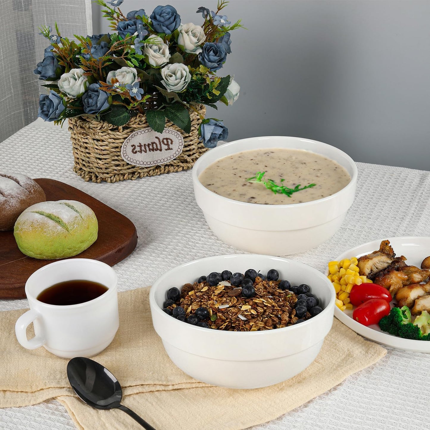 HAPPY KIT Large Serving Bowls 7 Inch 40 Ounces Soup Bowls,White Ceramic Salad Bowl Set of 3 for Kitchen,Pasta Bowls, Pho, Noodle, Cereal - Dishwasher & Microwave Safe
