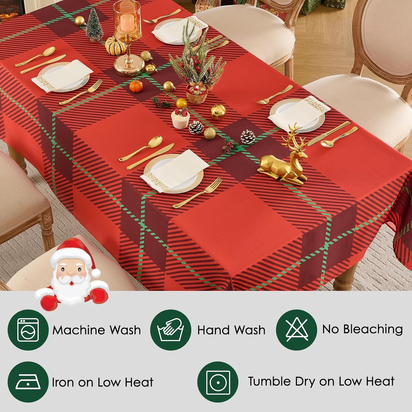 Christmas Tablecloth Rectangular 60x84 Inch Waterproof, Machine Washable Checkered Polyester Table Cover for Xmas Party, Winter Holiday Home Decoration in Festive Checkered Red 1pack
