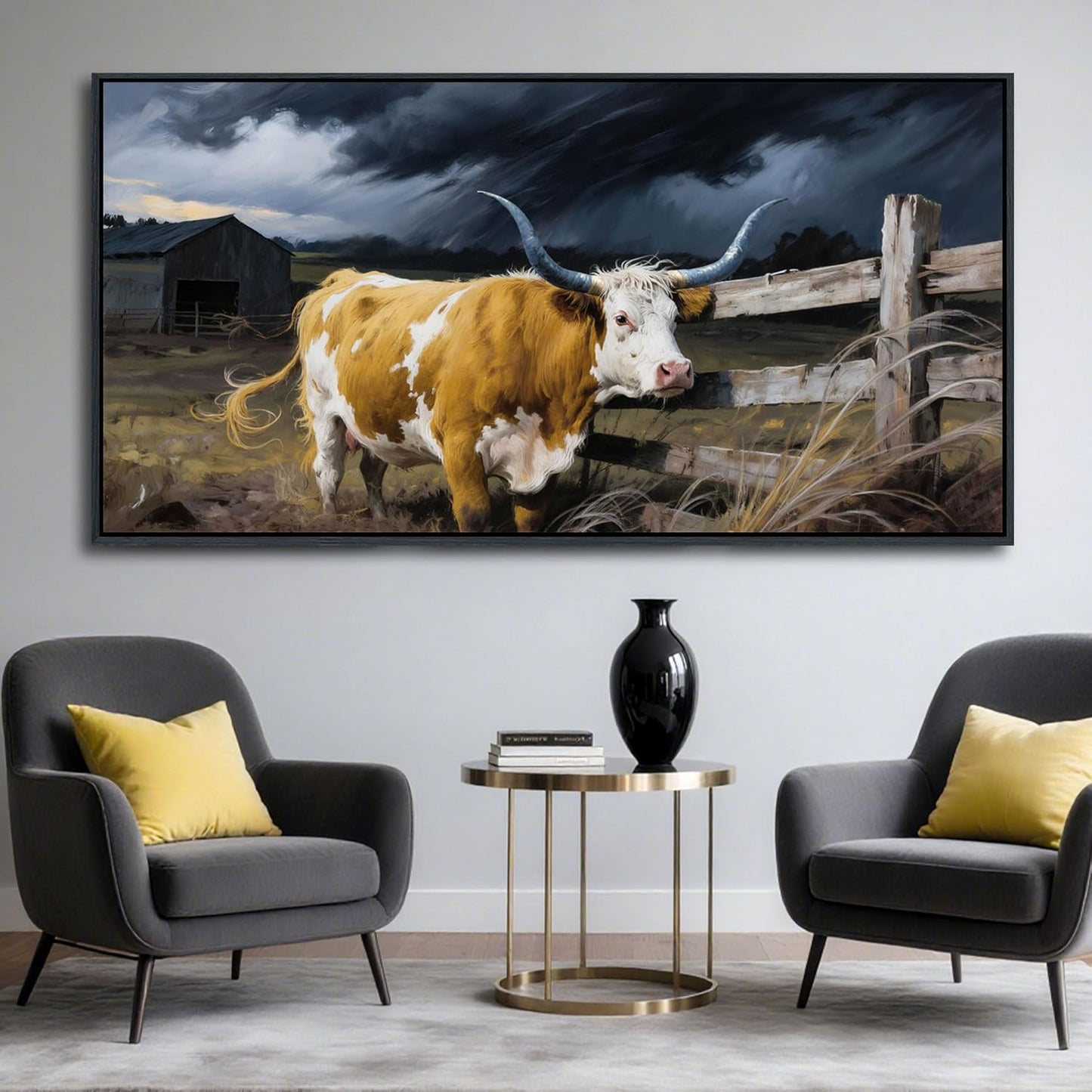Highland Cow Wall Art - Rustic Pictures for Living Room,Framed Country Wall Decor, Vintage Artwork for Walls, Longhorn Cow wall Decor - Large Farmhouse Canvas for Bedroom 29×58IN