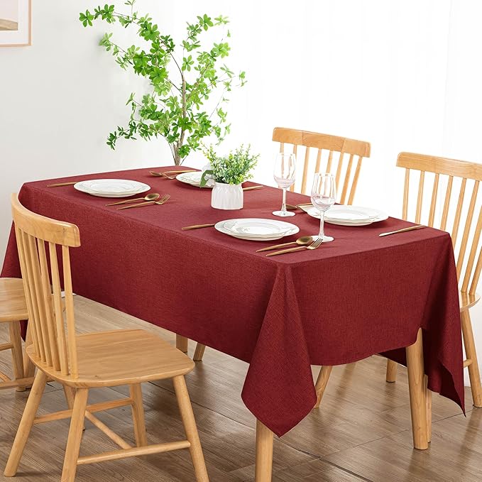 DWCN Table Cloth Rectangle - Faux Linen Fabric Waterproof Spill-Proof Wrinkle and Stain Resistant Tablecloths Decorative Farmhouse Table Cover for Kitchen Dining Party, 54 x 80 Inch, Red