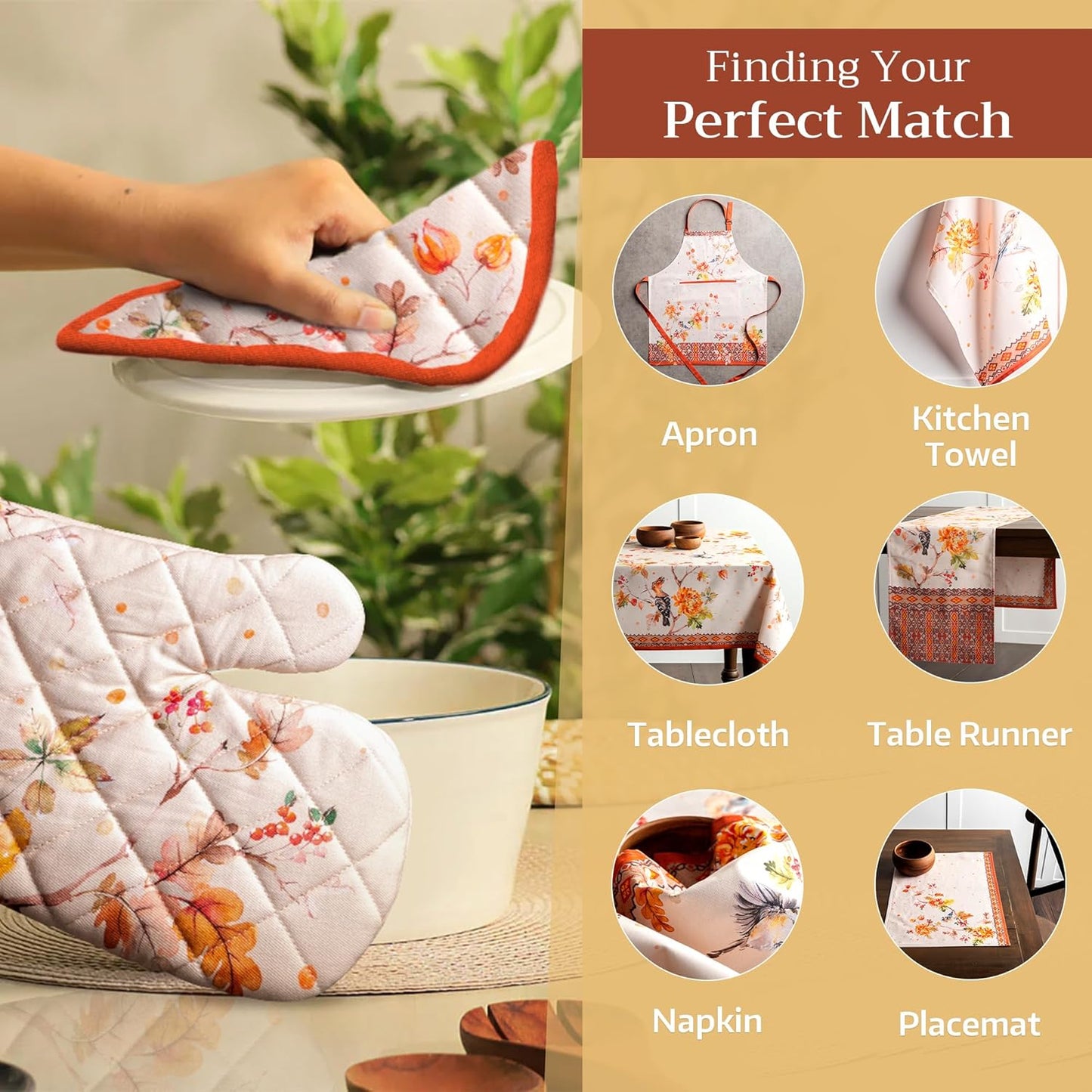 Maison d' Hermine 100% Cotton Oven Mitt & Pot Holder Set (7.5"x13" & 8"x8") Heat Resistant BBQ Cooking Gloves with Loop for Thanksgiving Christmas Decorations Handling Hot Pans (Kelim - Prairie)