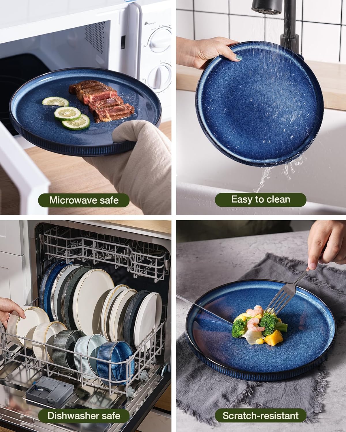 Famiware Star Dinnerware Set with Pasta Bowls, Service for 4 (16pcs), Ribbed Stoneware Plates and Bowls Dishes Sets - Chip & Scratch Resistant, Microwave & Dishwasher Safe, Nebulas Blue