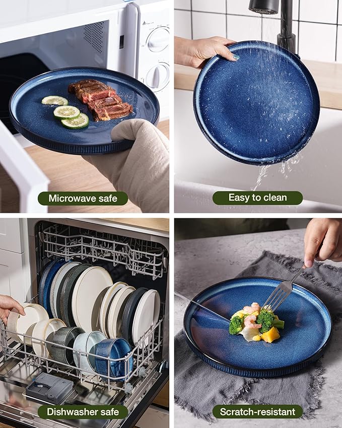 Famiware Star Dinnerware Set with Mugs, Service for 6 (24 Pieces), Ribbed Stoneware Plates and Bowls Dishes Sets - Chip & Scratch Resistant, Microwave & Dishwasher Safe, Nebulas Blue