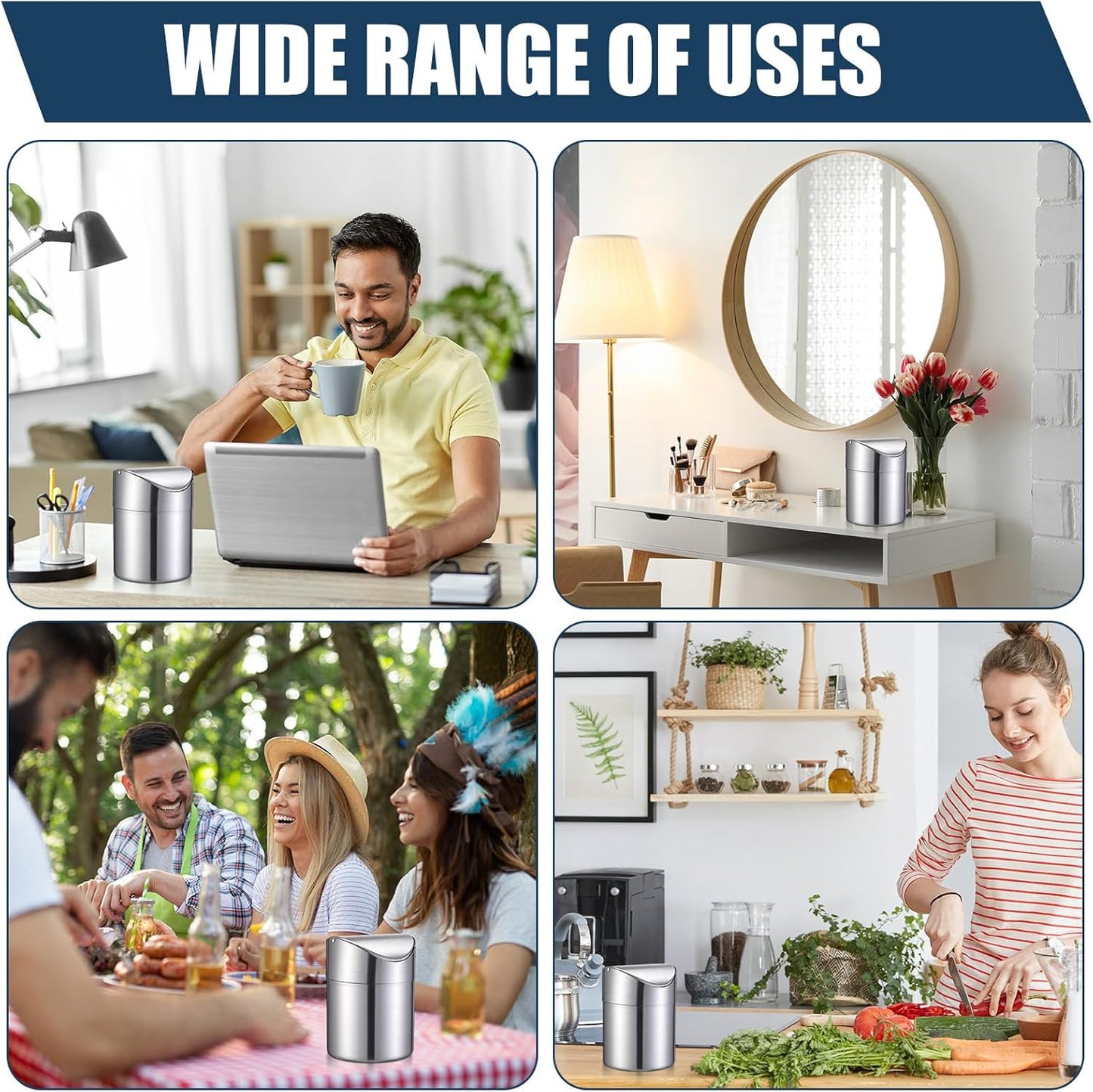 2 Pcs Desk Trash Can with Swing Lids, 12 Rolls of Trash Bags, 2L Brushed Stainless Steel Countertop Garbage Bin Small Wastebasket with Lid for Office Desk, Coffee Table(Silver)