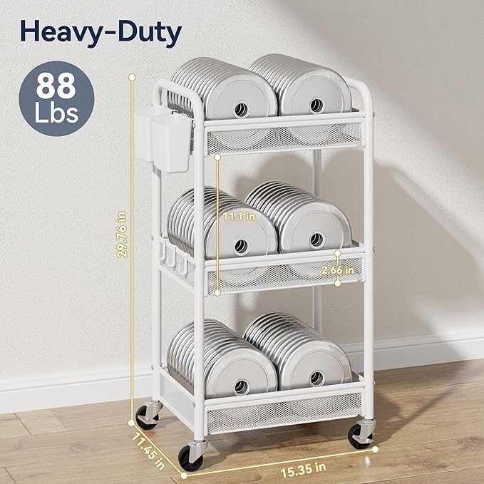 YASONIC 3 Tier Rolling Cart – Metal Utility Storage Carts with Wheels, Craft Carts Organizer with Hanging Cups, Hooks, Mesh Basket for Bedside Kitchen Office Art, White