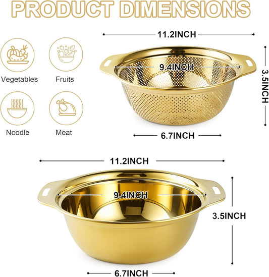 Colander 304 Stainless Steel 4-quart with Mixing Bowls, Strainer for Kitchen Food For washing vegetables, fruit, rice, Dishwasher Safe. (Gold 2PC)