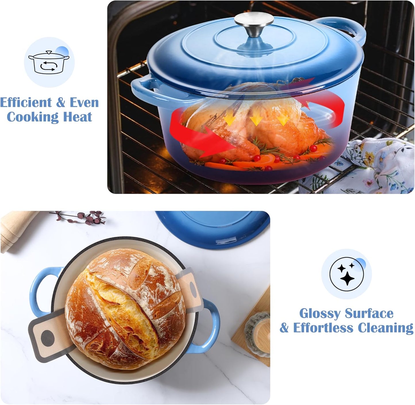 E-far Enameled Dutch Oven Pot for Bread Baking, 6QT Enameled Cast Iron Cookware with Self-Basting Lid & Sourdough Bread Baking Supplies, Heavy Duty Casserole Pot & Dual Handles-Blue