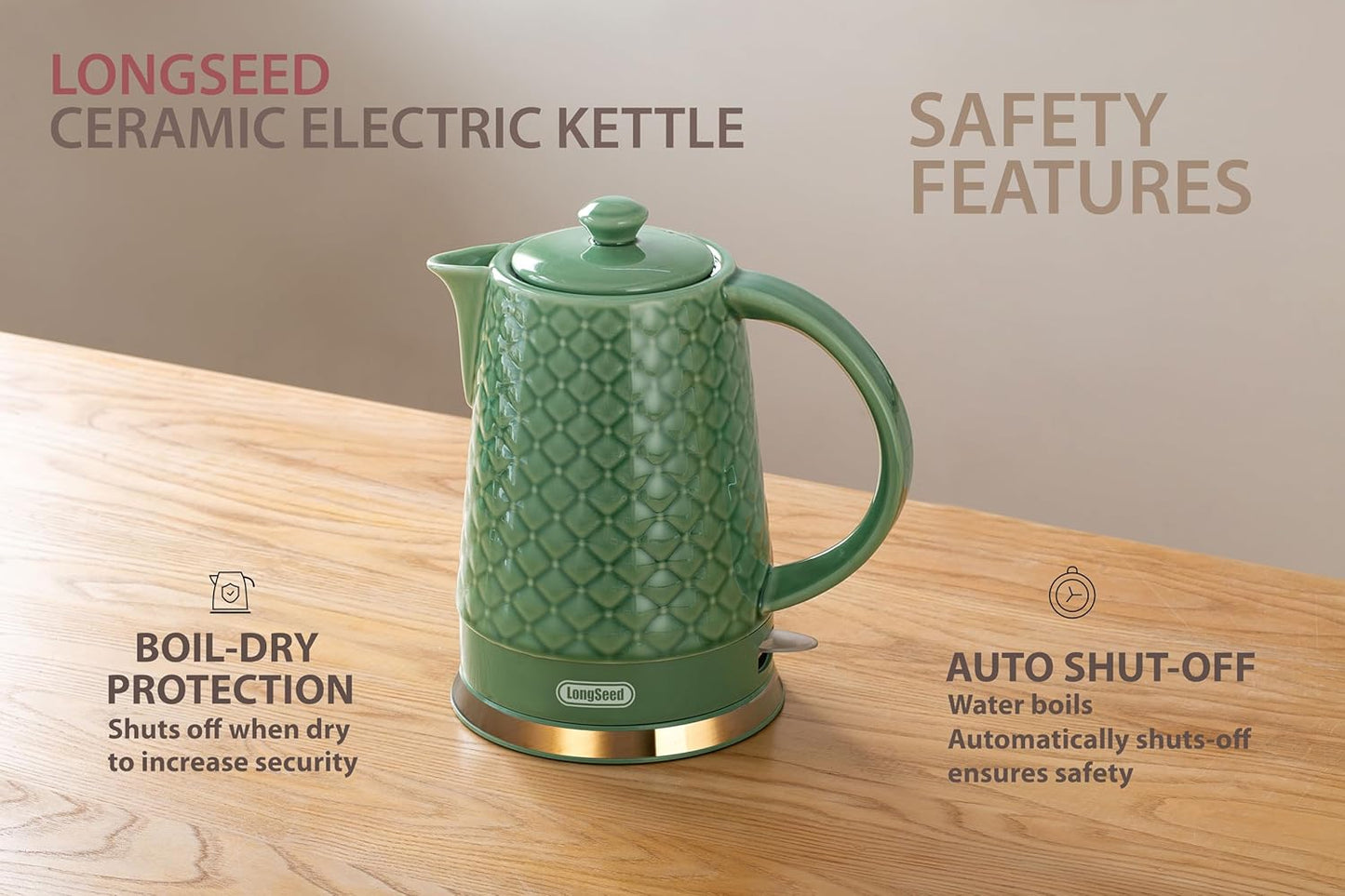 Ceramic Electric Kettle, 1.5L/1200W Boil Water Quickly and Easily with Boil-Dry Protection Auto Shut Off, Detachable Swivel Base, Green Relief Carving