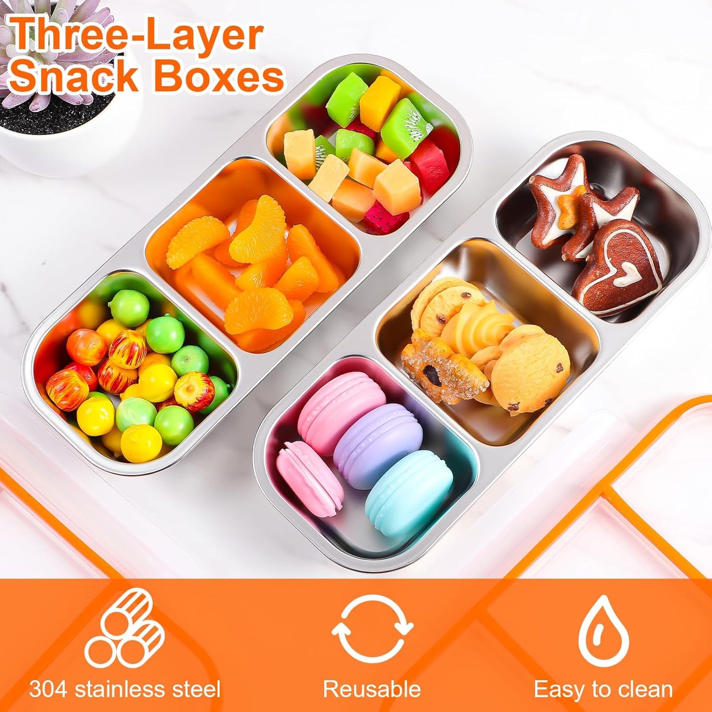 Yolev 2 Pack Stainless Steel Snack Containers - Reusable 3 Compartment Condiment Box with Lids Dishwasher- Reusable Condiment Box for Snacks Dips and Outdoor Camping