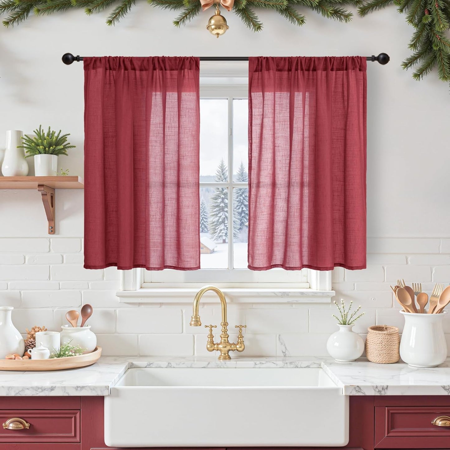 BGment Burgundy Linen Kitchen Window Curtains Over Sink Christmas Decor, Short Cafe Drapes Lightweight Semi Sheer with Rod Pocket for Bathroom Windows, 2 Panels Set, Each 42 Inch Wide