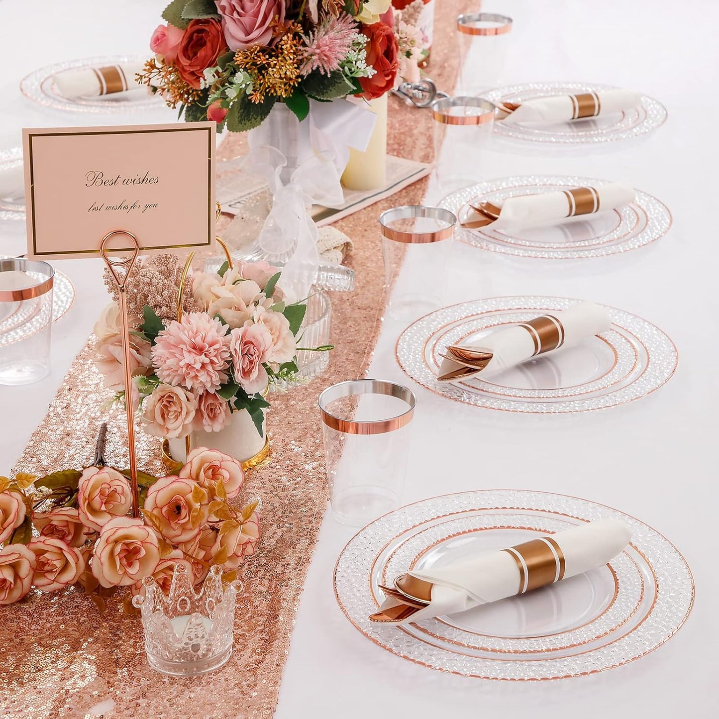 Liacere 350PCS Rose Gold Plastic Plates-Clear Rose Disposable Plates 50 Guests include 50 Dinner Plates,50 Salad Plates,50 Forks,50 Knives,50 Spoons,50 Cups,50 Napkins for Wedding&Party&Mother's Day