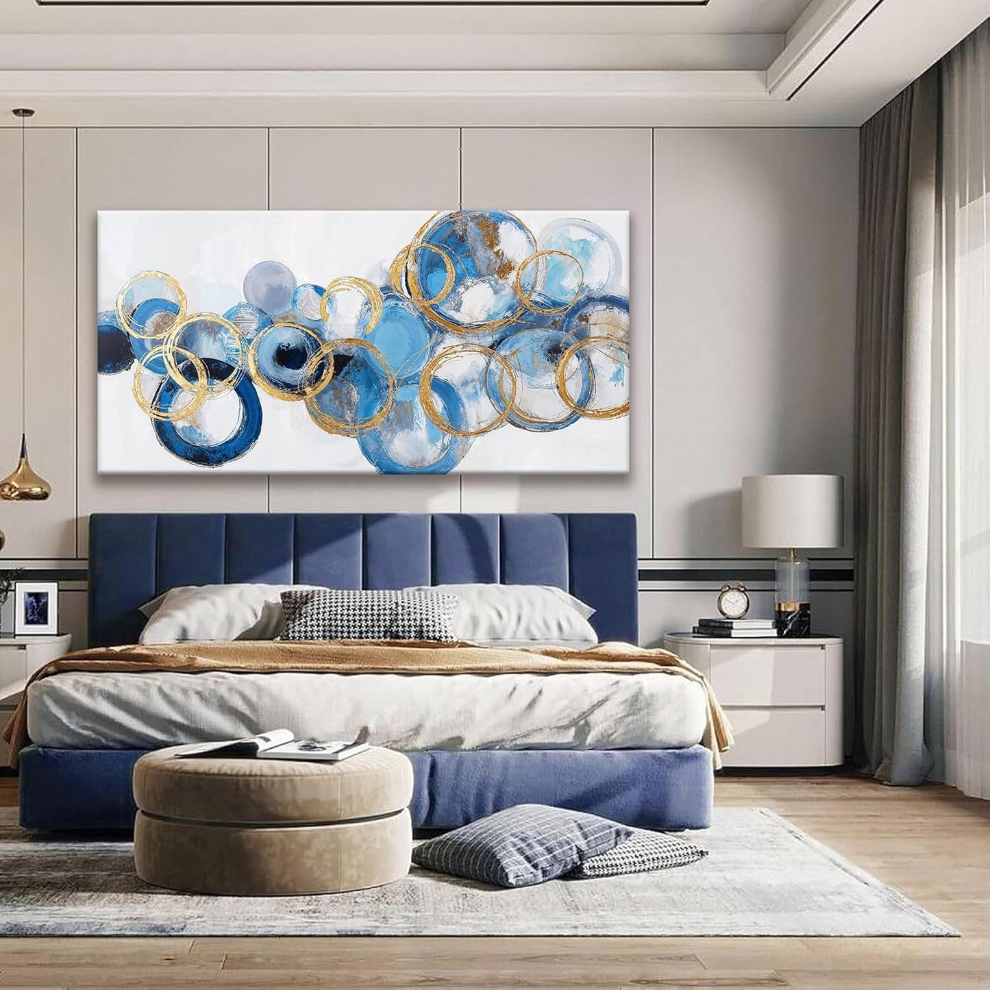 Suconvng Large Abstract Wall Art For Living Room Modern Canvas Decorations Maximalist Blue Gold Circle Canvas Wall Art Decor Prints Artwork Bedroom Kitchen Office Home Wall Artwork 29" × 58"