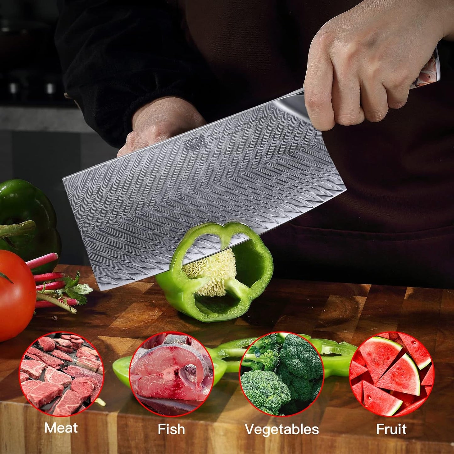 FINDKING Nebula Series Cleaver Knife, Multipurpose Chinese Chef Knife, 10Cr15CoMov Damascus Steel Blade, Resin and Figured Sycamore Handle, Full Tang, 7 Inch, Red, for Meat, Vegetable Shredding