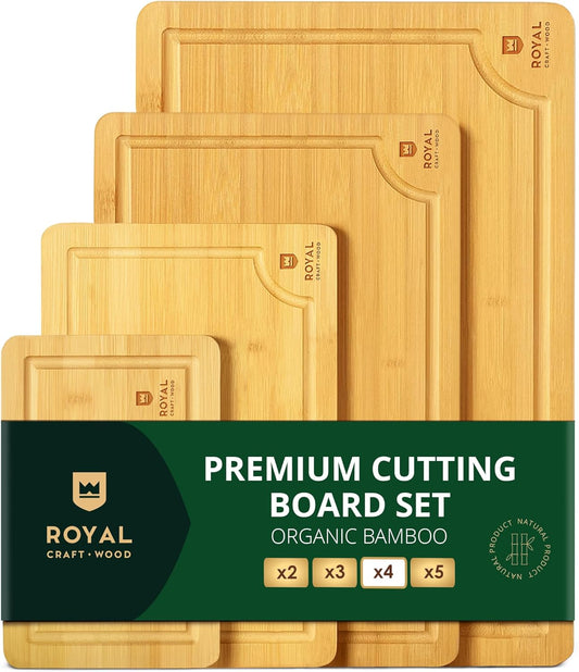 ROYAL CRAFT WOOD Wooden Cutting Boards for Kitchen Meal Prep & Serving - Bamboo Wood Serving Board Set with Deep Juice Groove Side Handles - Charcuterie & Chopping Butcher Block for Meat