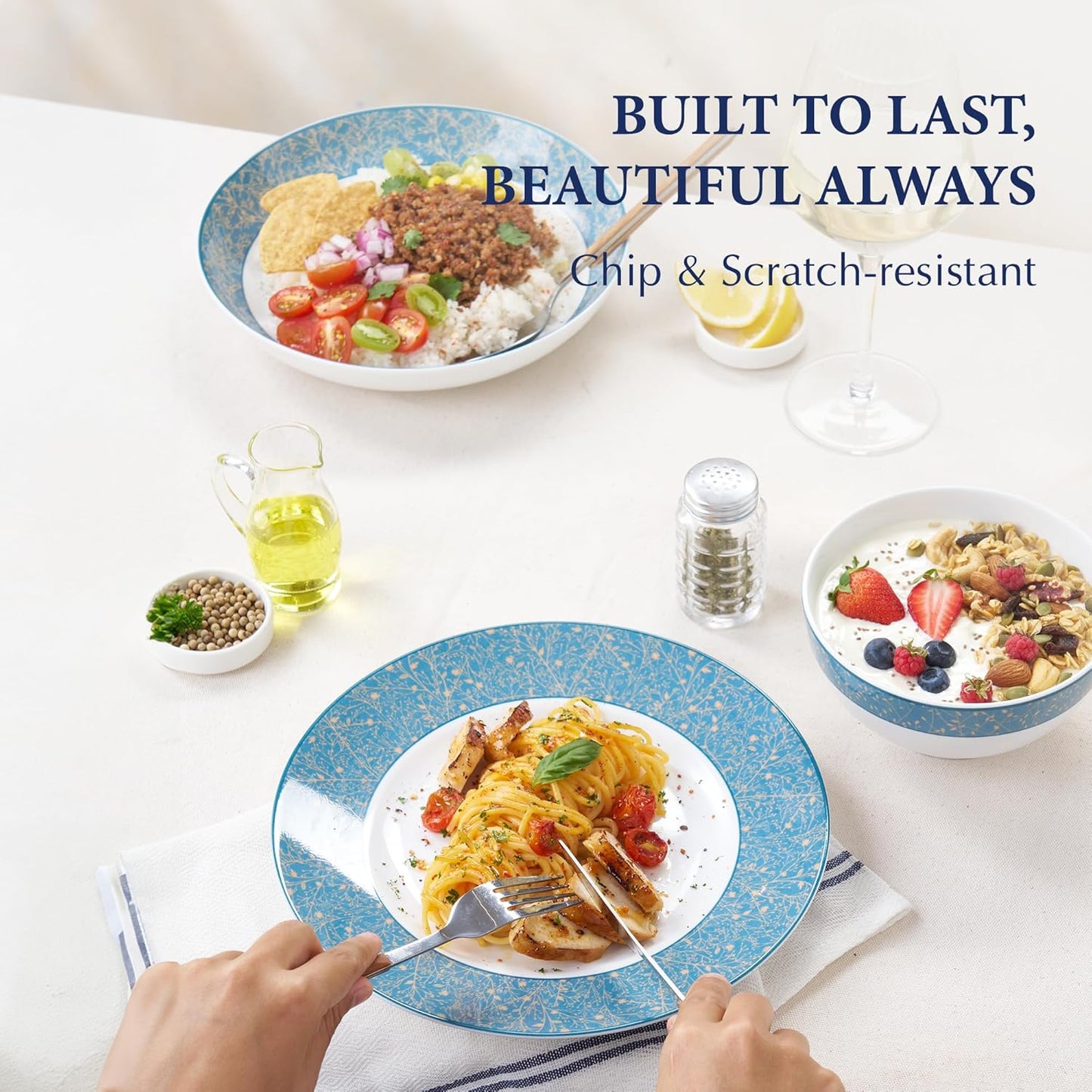 Minh Long 12-PCS Porcelain Dinnerware Set, Plates, Bowls, Service for 4, Chip & Scratch Resistant, Oven Safe up to 482°F, Non toxic, Lead & Cadmium Free, Stackable, Dishwasher & Microwave Safe