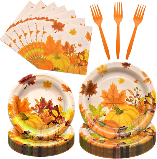 96 Pieces Thanksgiving Tableware Set - Fall Harvest Disposable Dinnerware with Plates, Napkins, Forks for Autumn Celebrations, Thanksgiving Day, and Harvest Festival, Serves 24 Guests
