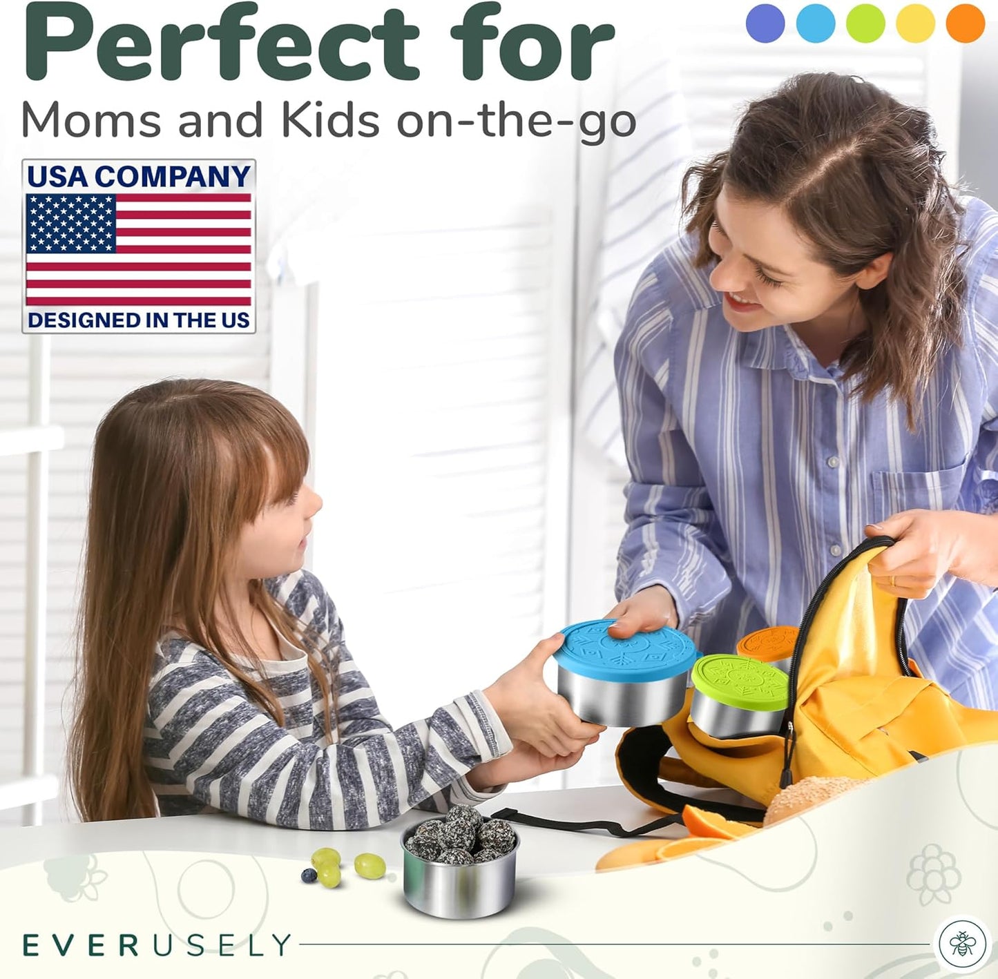 Everusely - Stainless Steel Containers with Lids - Set of 5, Summer Collection - Leakproof Stainless Steel Food Containers - Nesting Snack Holders - Metal Lunch Box - Portable & Reusable Meal Kit