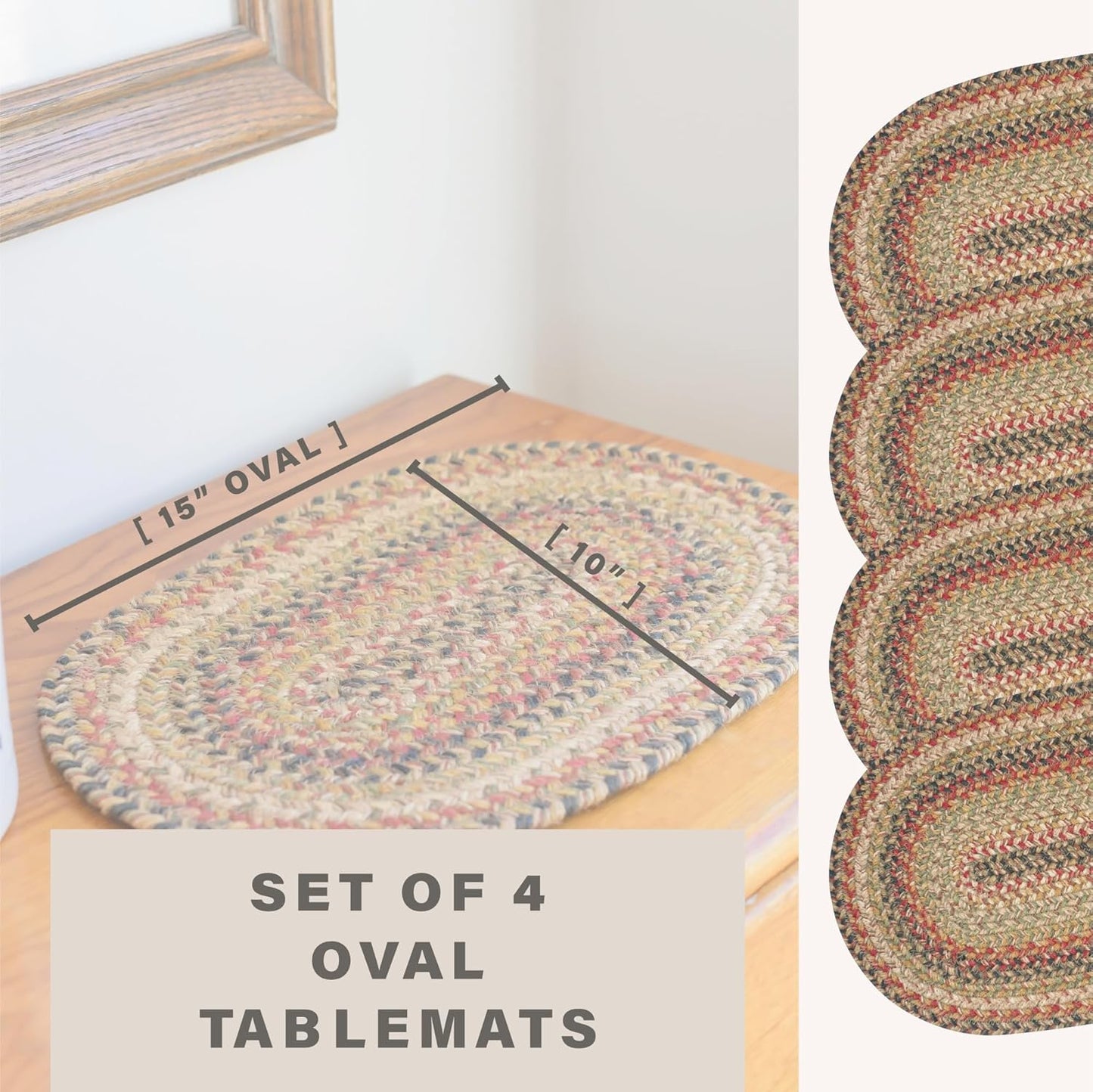 Homespice Kingston Premium Jute Braided Placemat Set of 4 Oval 10x15 Multi Color Reversible, Natural Jute Yarn Rustic, Country, Primitive, Farmhouse Style