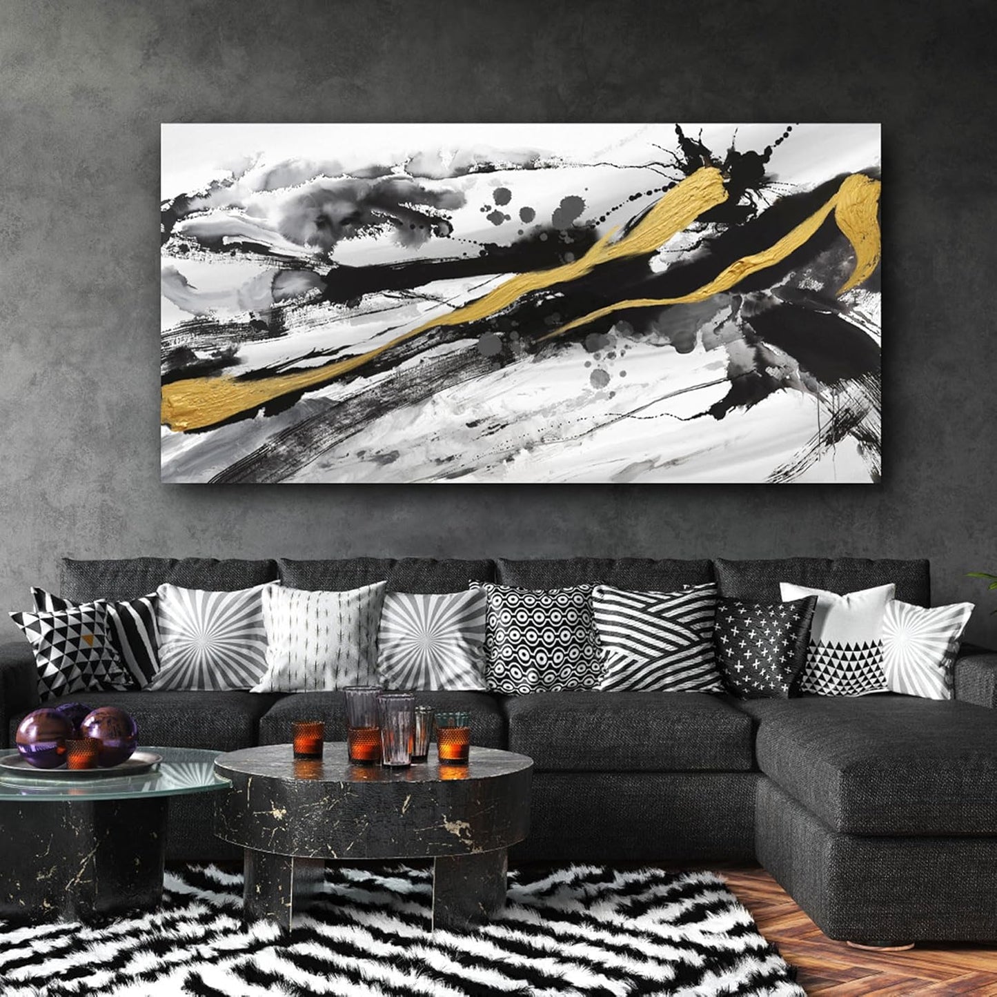 XLSJERST Black and White Abstract Wall Art - Canvas Wall Art for Living Room Bedroom Modern Gold Ink Painting Style Picture Artwork for Wall Decor Size 24x48 Inches