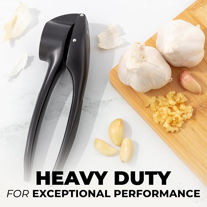 Zulay Kitchen Large Premium Garlic Press Set – Rust Proof & Dishwasher Safe, Bigger Bowl Garlic Mincer Tool with Silicone Garlic Peeler & Brush, Easy Squeeze & Clean, Ergonomic Handle - Black