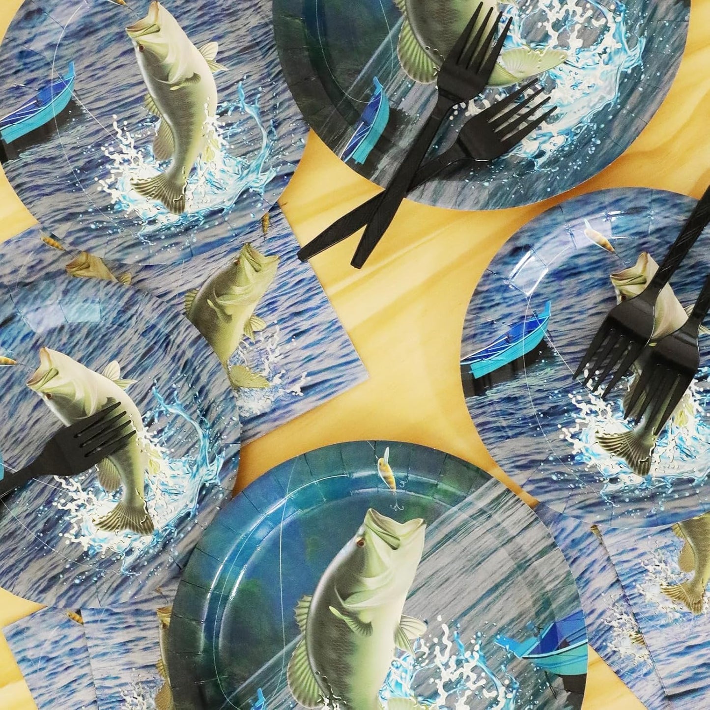 ZOIIWA 200 PCS Gone Fishing Tableware Disposable Paper Plates Napkins Fishing Tournament Birthday Party Supplies Dinnerware Set Napkins Party Decoration Serve 50 guest