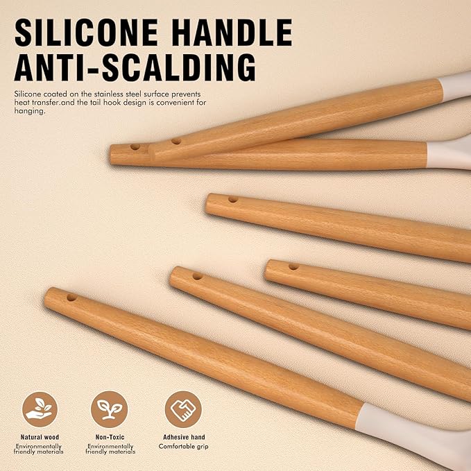 Silicone Cooking Utensils Set - Silicone Kitchen Utensils for Cooking Wooden Handles, 446°F Heat Resistant Kitchen Utensil Spatula Sets w Holder, Gadgets for Non-Stick Cookware BPA FREE (Khaki)