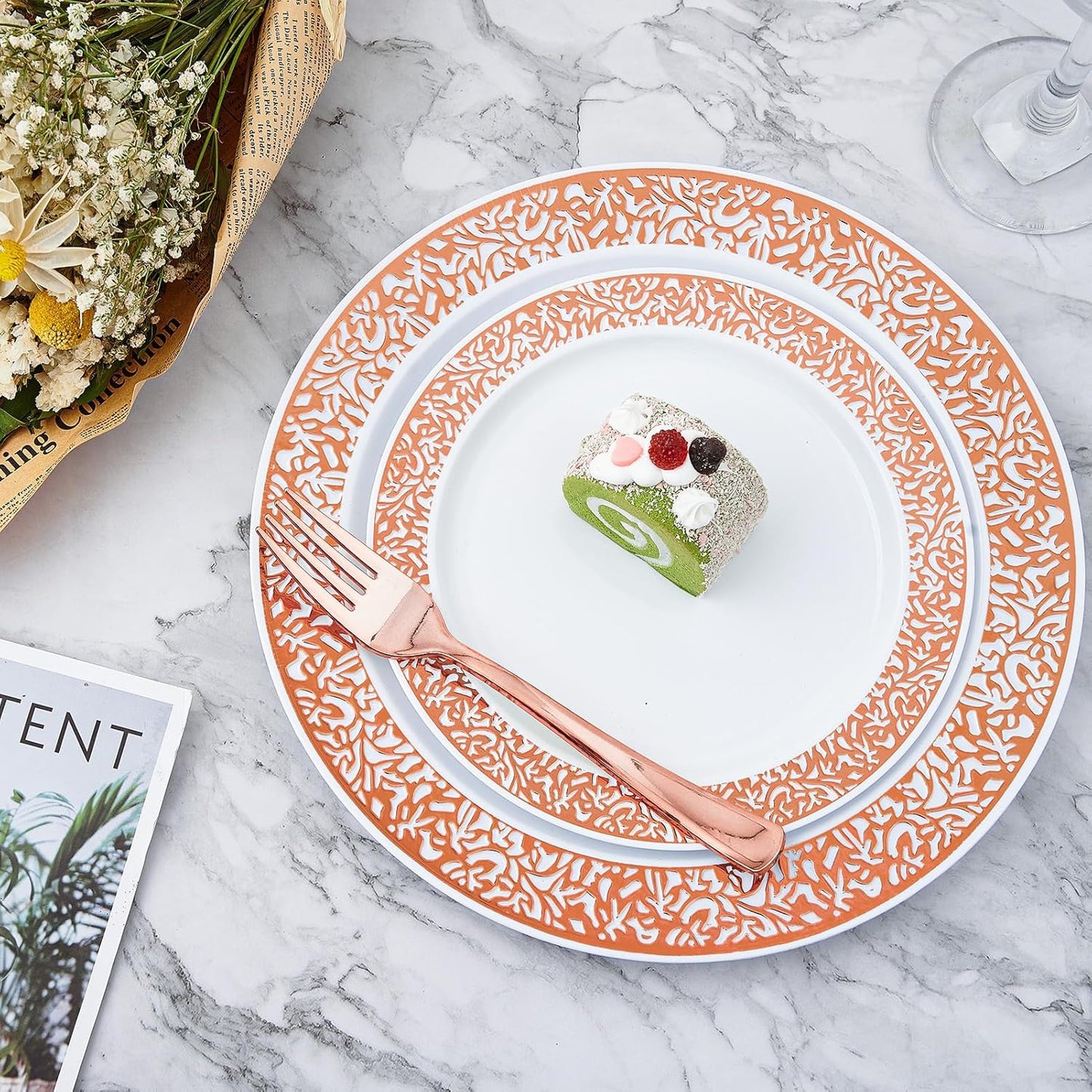 𝟮𝟭𝟬 Count Rose Gold Plastic Dinnerware Disposable Plates 30 Dinner & 30 Dessert Plates & 30 Cups & 30 Rose Gold Paper Napkins & 30 Plastic Silverware Set