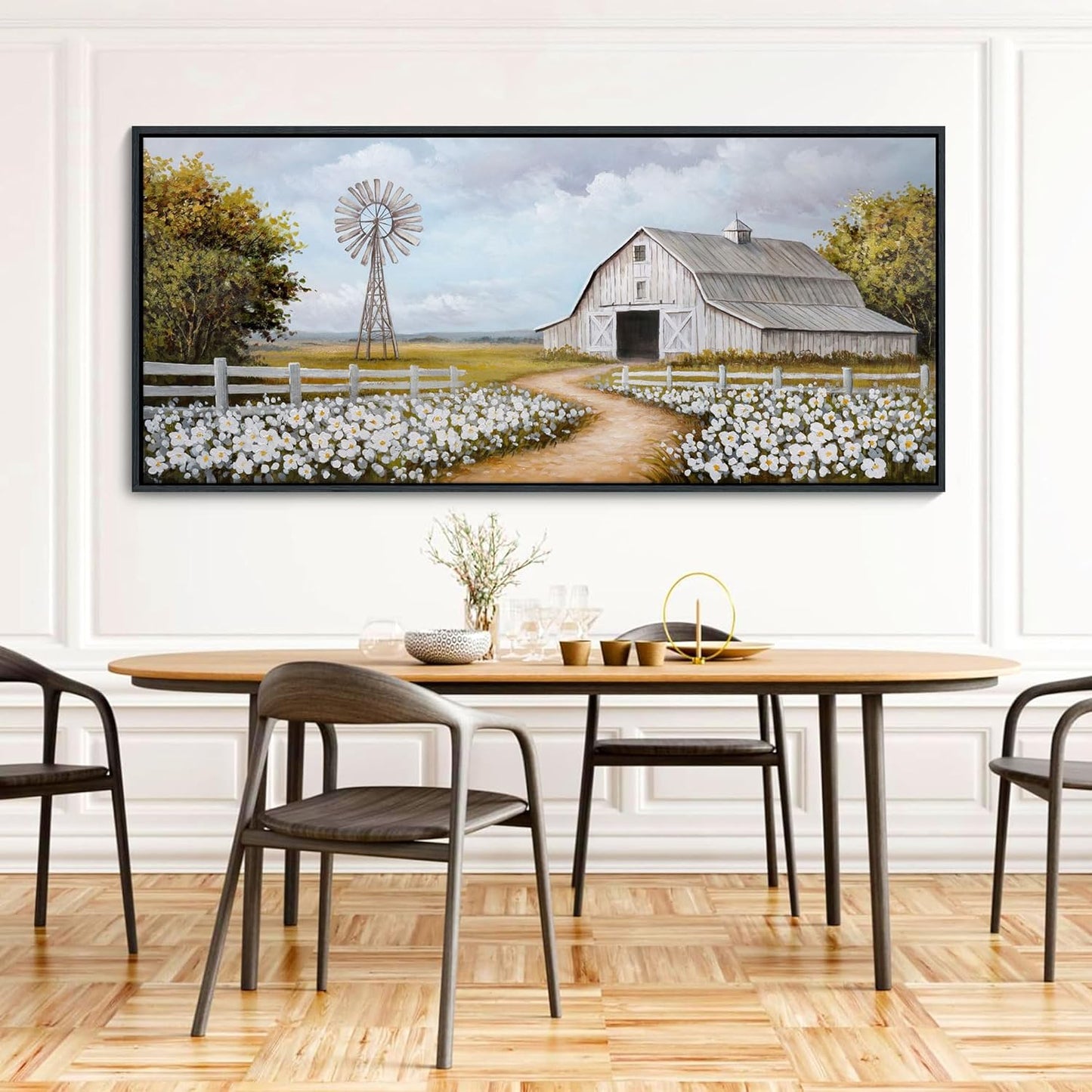 YCPRIMER Extra Large Farmhouse Wall Art Vintage Classical Painting Rustic Countryside Wildflower Field Nature Meadow Landscape Yellow Wall Decor Retro Windmill Barn Canvas Print Wilderness Artwork for Bedroom Living Room 70x31inchs