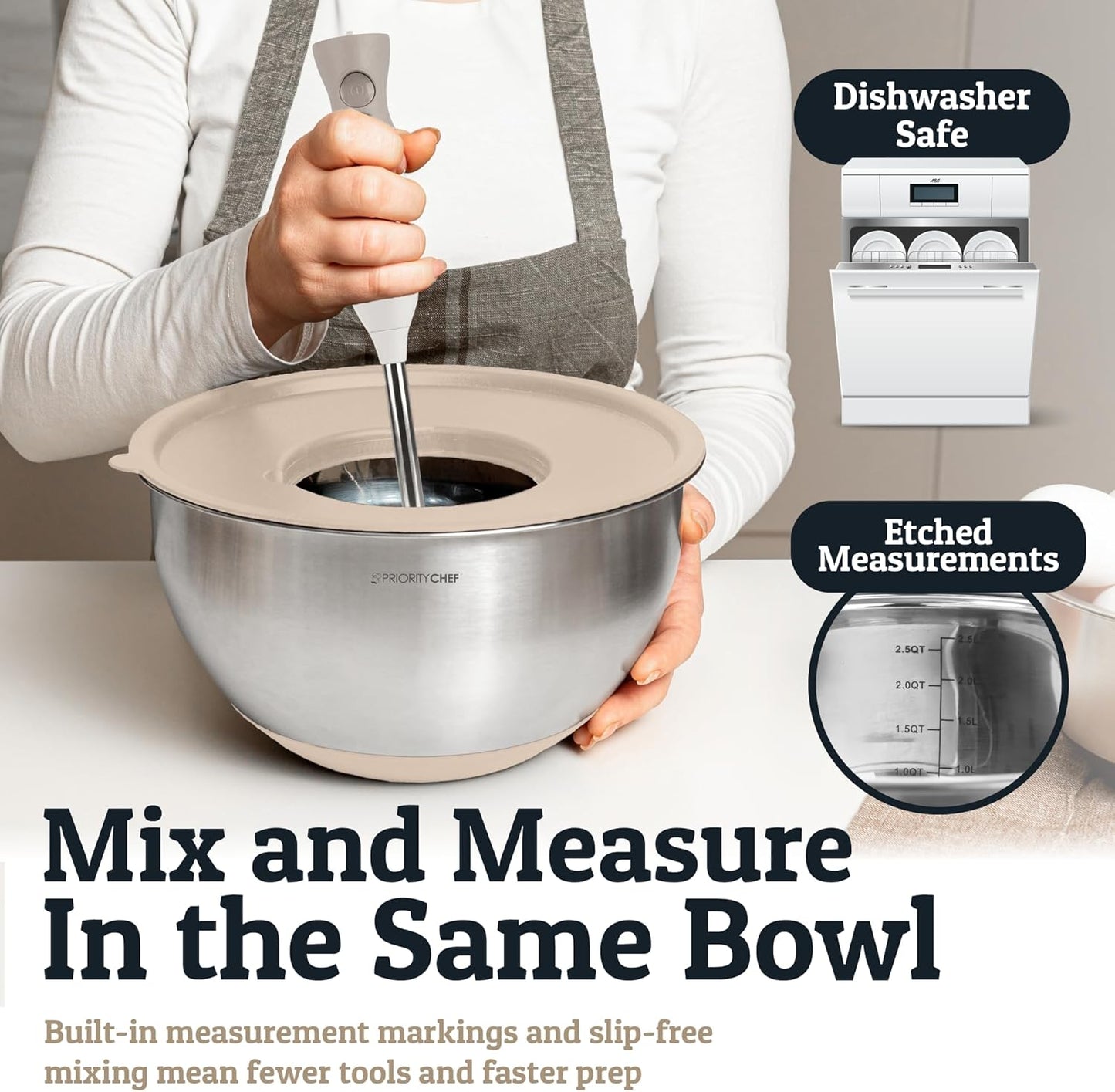 Priority Chef Stainless Steel Mixing Bowls with Lids Set, 3 Grater Attachments, Airtight Lids, Non-Slip Silicone Base Mixing Bowl Set, Large Prep Metal Mixing Bowls for Kitchen, Khaki