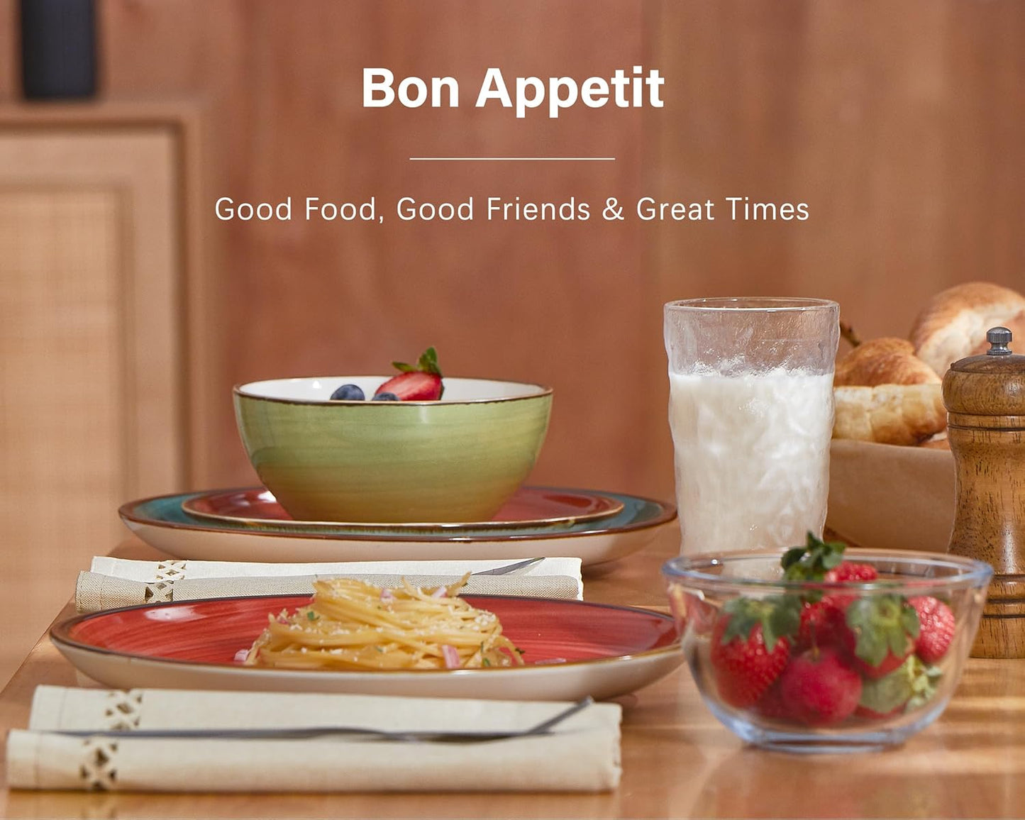 ONEMORE Plates and Bowls Set - Microwavable, Oven & Dishwasher Safe Porcelain Dinnerware Set - Scratch Resistant, Ceramic Dishware for 4(12pcs) - Assorted Colors