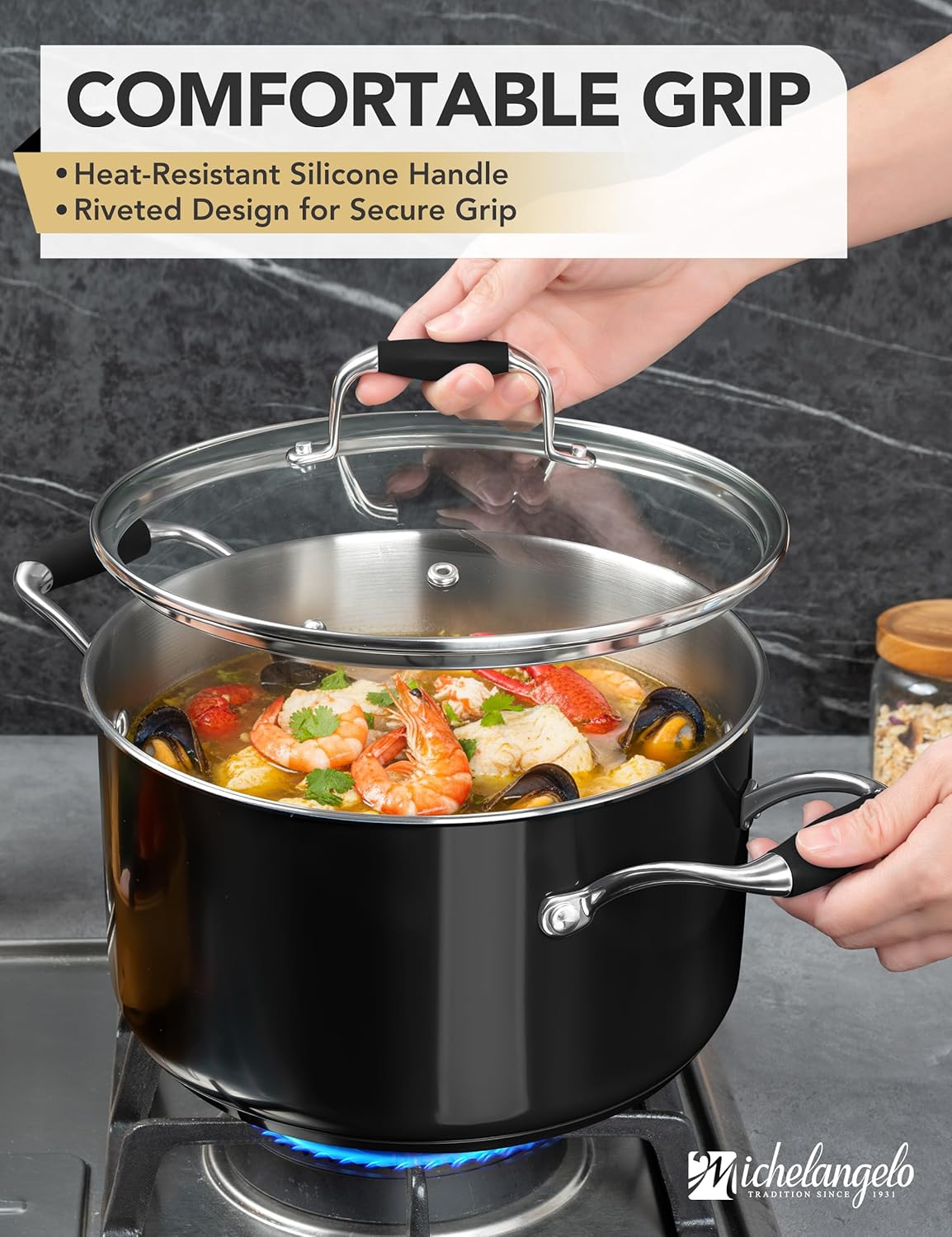 MICHELANGELO Stainless Steel Cooking Pot - 6 Quart Soup Pot with Lid, Non-Toxic Stockpot Induction Compatible, Oven & Dishwasher Safe, Black Exterior