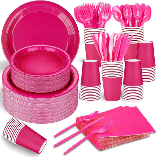 TWOWYHI 228PCS Hot Pink Party Supplies Set Include Paper Plates Cups Hot Pink Napkins Plastic Spoons Forks Knives for 30Guests Disposable Party Dinnerware Sets for Birthday Wedding Family Picnic