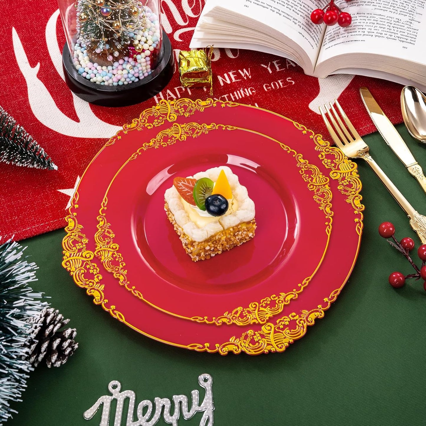 102PCS Red and Gold Plastic Plates - Red Plates Disposable - Vintage Plastic Plate with Gold Rim Include 51PCS Dessert & 51PCS Dinner Plate Perfect for & Weddings & Christmas Parties