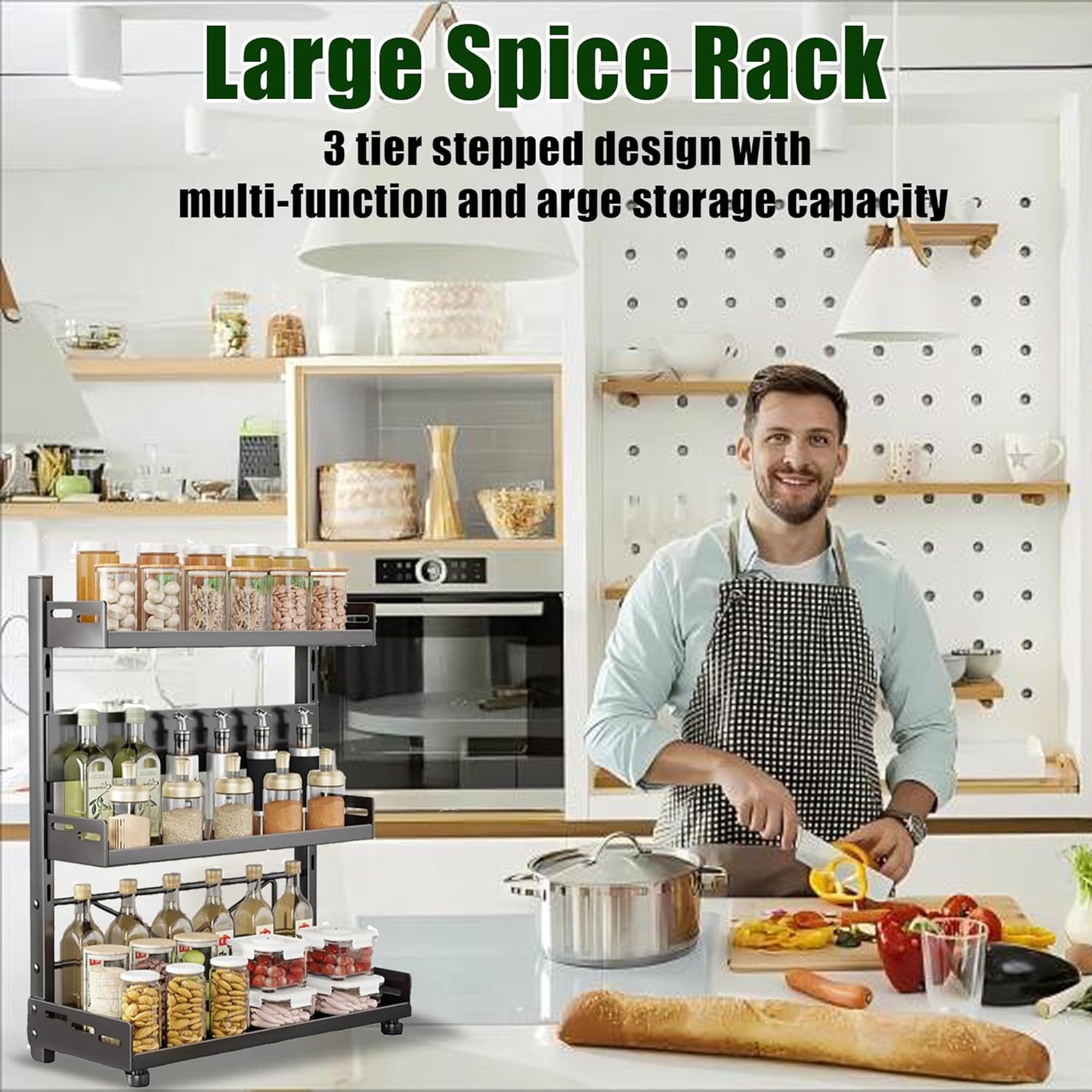 Spice Organization for Cabinet | 3 Tier Standing Height-Adjustable Spice Rack | Large Metal Rust-Proof Seasoning Organizer | Kitchen Storage Organization Shelf for Pantry Bathroom (3-40CM Grey)