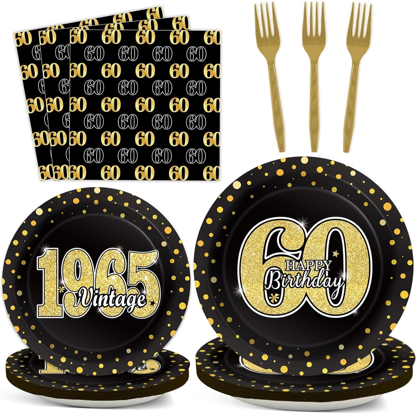 200PCS 60th Theme Birthday Party Tableware Vintage 1965 Party Supplies 60 year old Birthday Party Decorations Plates Napkins Forks Black and Gold Dinnerware Favors for Men or Women