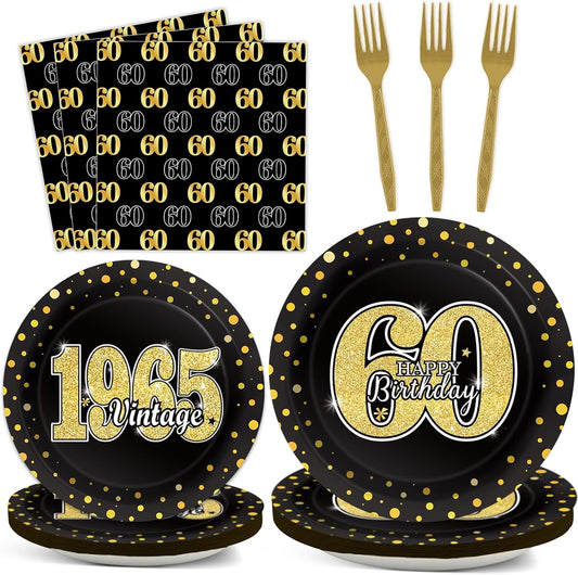 200PCS 60th Theme Birthday Party Tableware Vintage 1965 Party Supplies 60 year old Birthday Party Decorations Plates Napkins Forks Black and Gold Dinnerware Favors for Men or Women