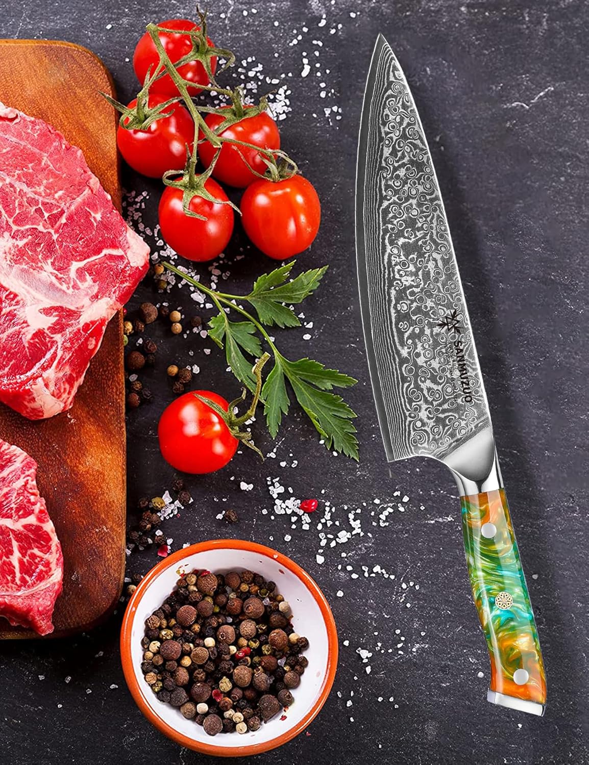 Chef Knife - 8 inch - Xuan Series - VG10 Damascus Steel Kitchen Knife - Resin Handle (Fantasy Orange)