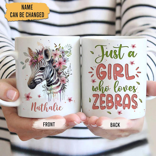 Hyturtle Personalized Gifts Zebra Lover - Just A Girl Who Loves Zebras Custom Name Ceramic Coffee Mug Cup 11oz - Idea Cute Animal Lover Gifts For Women, Girl Daughter On Birthday, Christmas