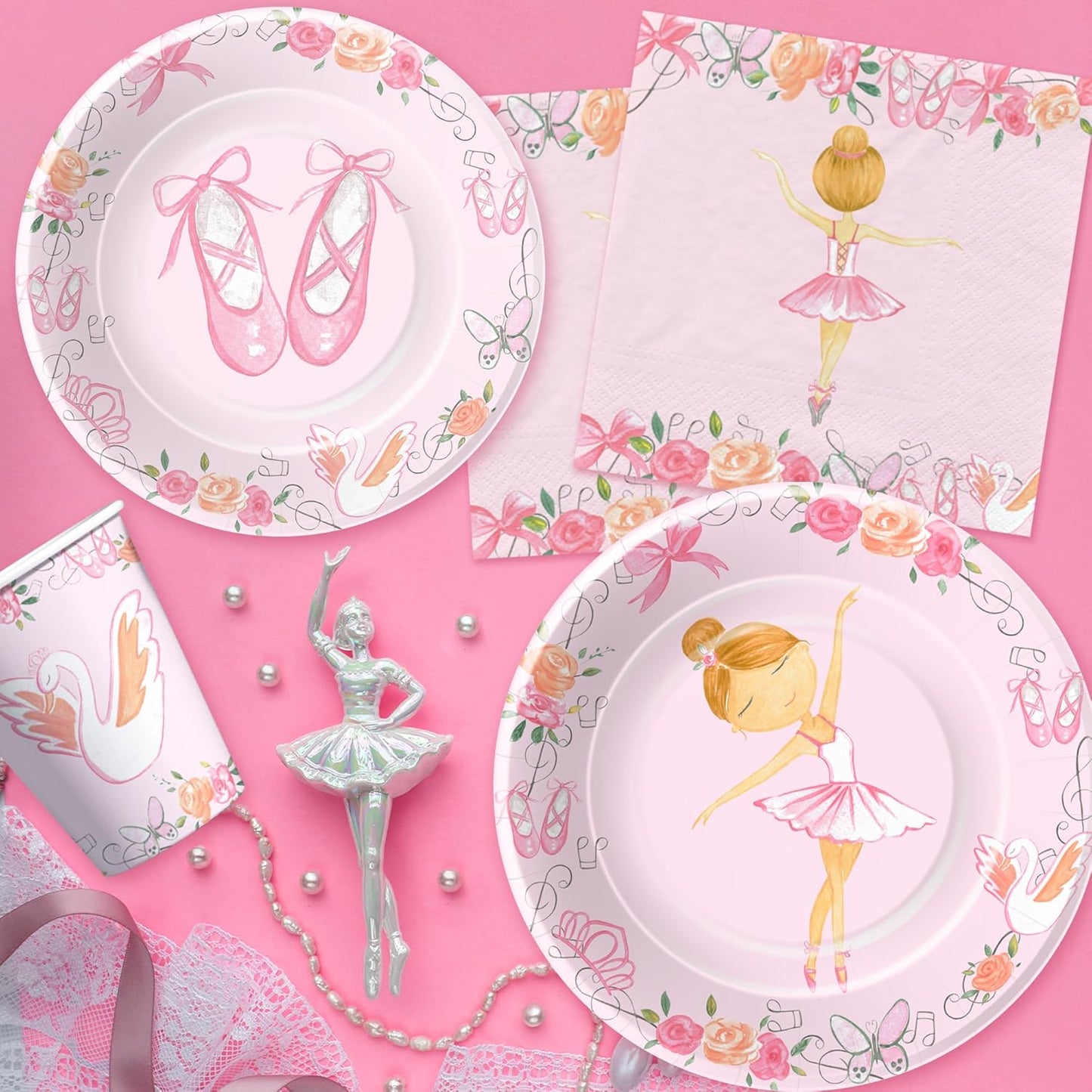 Xigejob Ballerina Birthday Party Decorations Dinnerware, Ballerina Theme Dancing Girl Ballet Party Supplies Tableware, Paper Plate, Napkin, Tablecloth, Disposable Fork, Serves 24