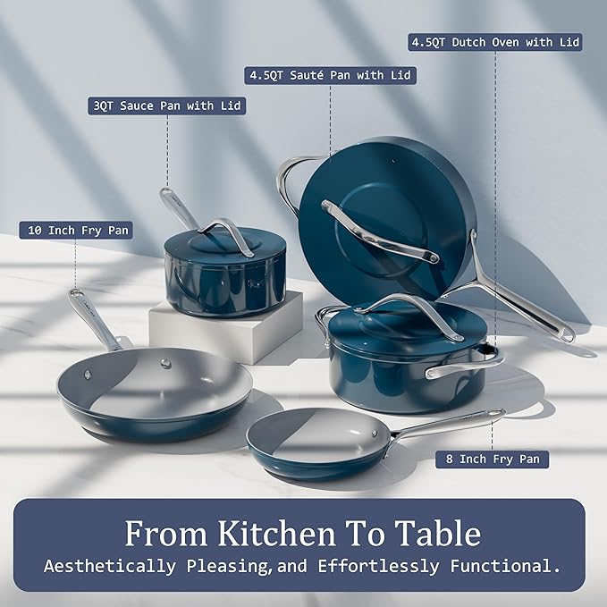 Stock Pot 4.5QT Nonstick Ceramic Dutch Oven with Lid (9.5") Non-Toxic PFAS-Free Even Heat Distribution, for Braising, Baking Bread & Soups, Compatible for All Cooktops(Induction/Gas/Electric) Oven Safe to 500°F, Navy Blue