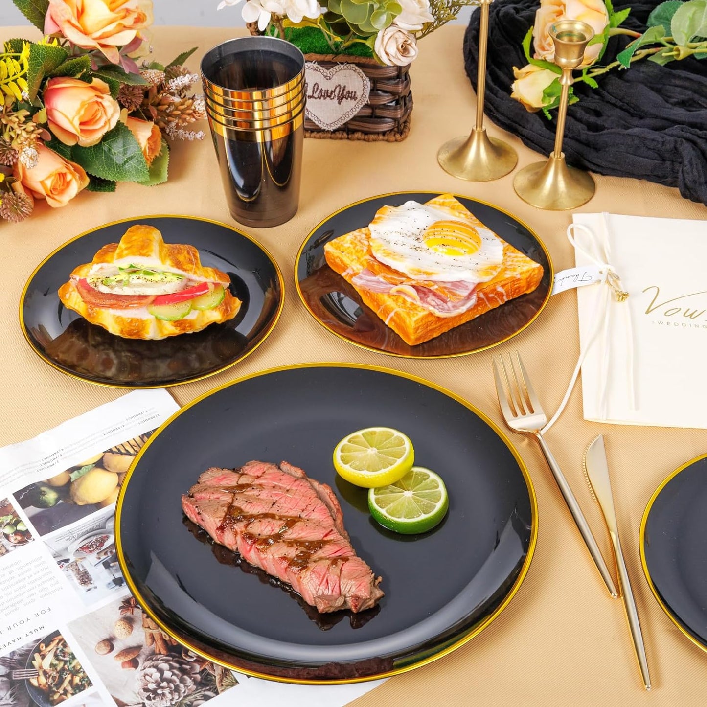 EI 180pcs Black Plastic Plates Black and Gold Disposable Plates Gold Plastic Dinnerware Set Silverware and Cups for Birthday,Wedding,Festival,Party Graduation,Halloween