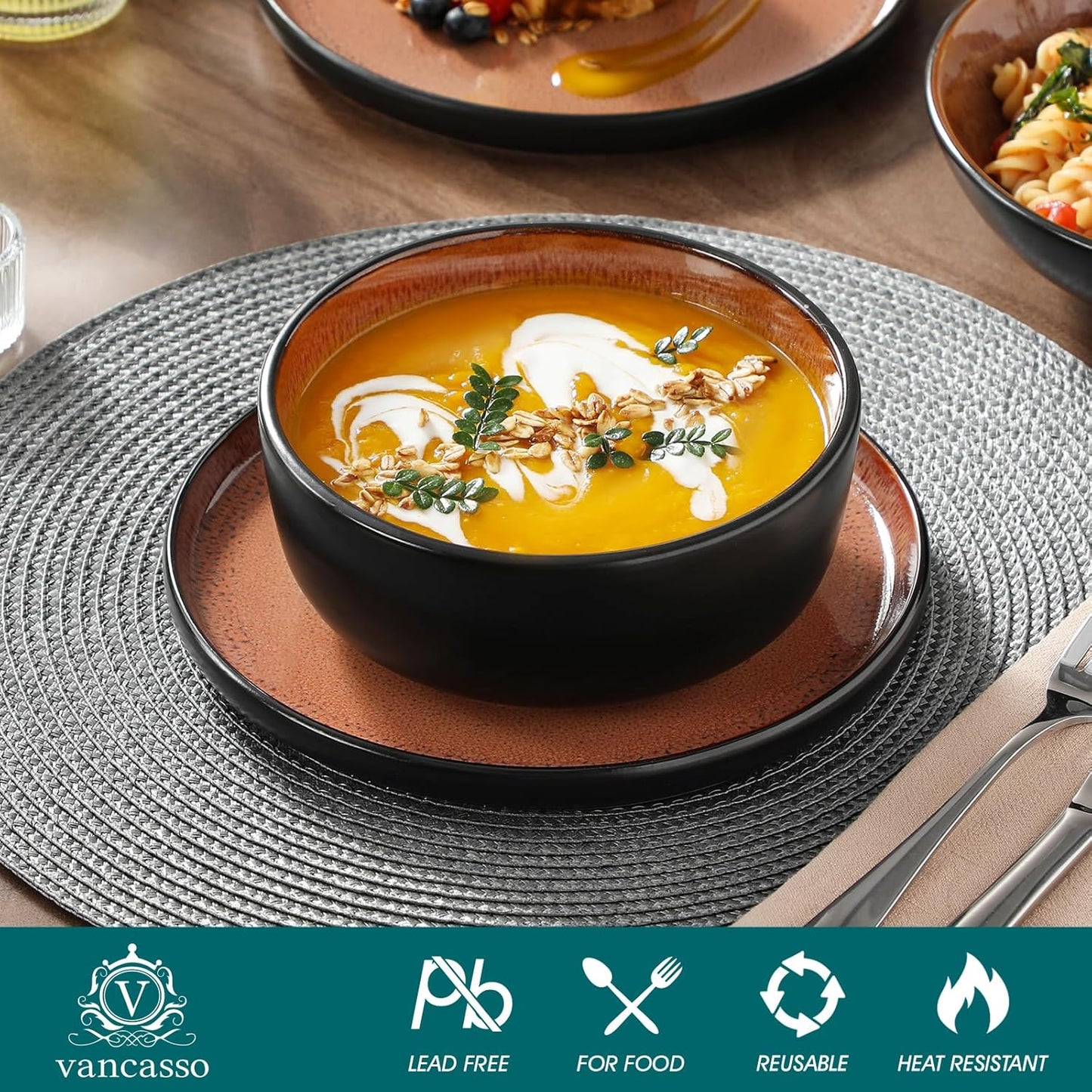 vancasso Plates and Bowls Sets, 18 Pieces Stoneware Dinnerware Sets for 6, Kitchen Dish Set Mircowave and Dishwasher Safe Dinner Set Ceramic Dishware, Brown, Series AMBER