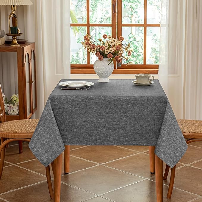 Fabric 52x52 Inch Square Grey Table Cloth, Faux Linen Textured Water Resistant & Washable Card Tablecloth, Anti-Scratch for Dinning Kitchen Patio