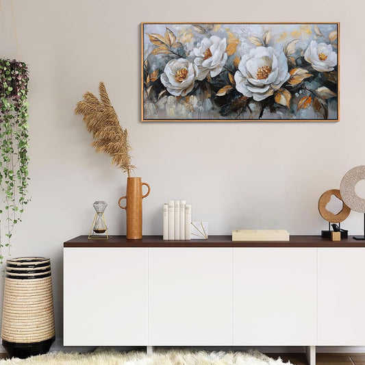 HKDGOKA Large Flowers Canvas Wall Art - Textured Petals Painting Golden Stamens Leaves Abstract Pictures Wall Decor Modern Gallery Floral Artwork for Living room Office Bedroom Home Decorations 20x40