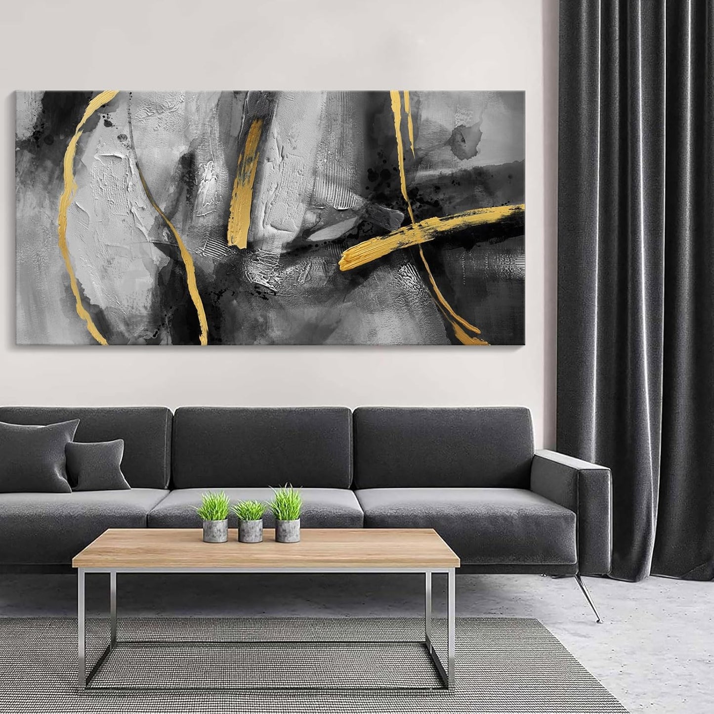 Large Canvas Wall Art Decor - Abstract Black and Gray Wall Pictures Living Room Hand-Painted Dream Painting Golden Canvas Prints as Bedroom Kitchen Dining Room Cafe Home Decor 24X48 In